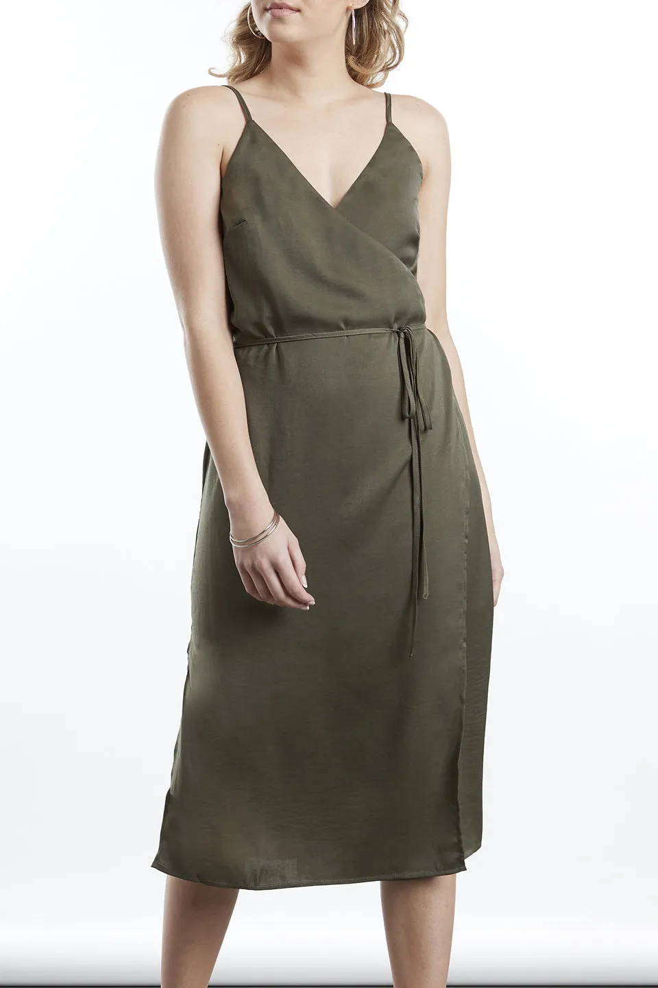 Lover Strappy Wrap Khaki Satin Midi Dress