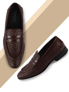 Men Brown Hand Knitted Slip On Penny Loafers