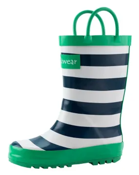 OAKI Blue, Green & White Stripes Loop Handle Rubber Rain Boots