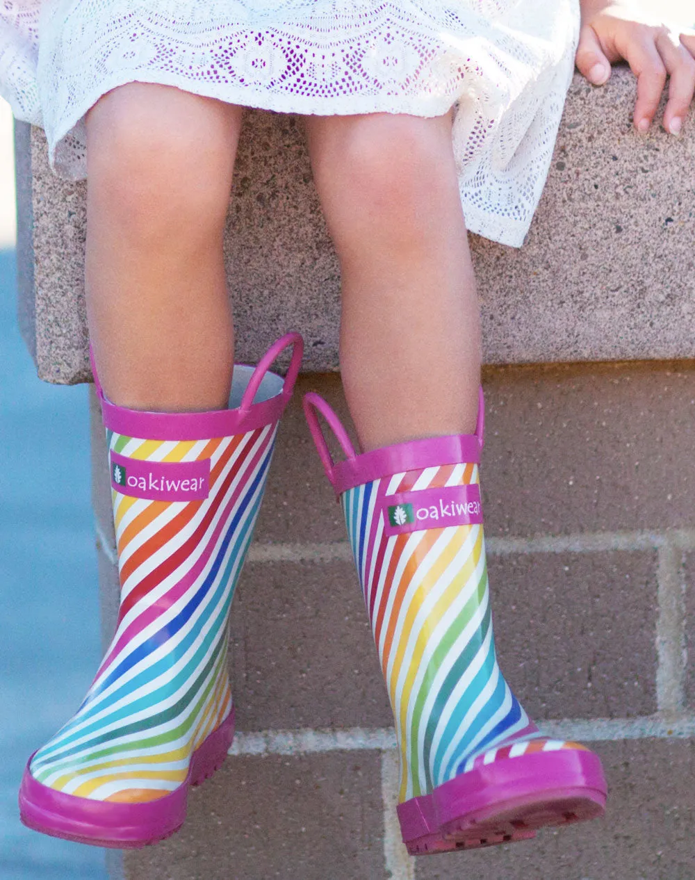 Rainbow Stripes Loop Handle Rubber Rain Boots