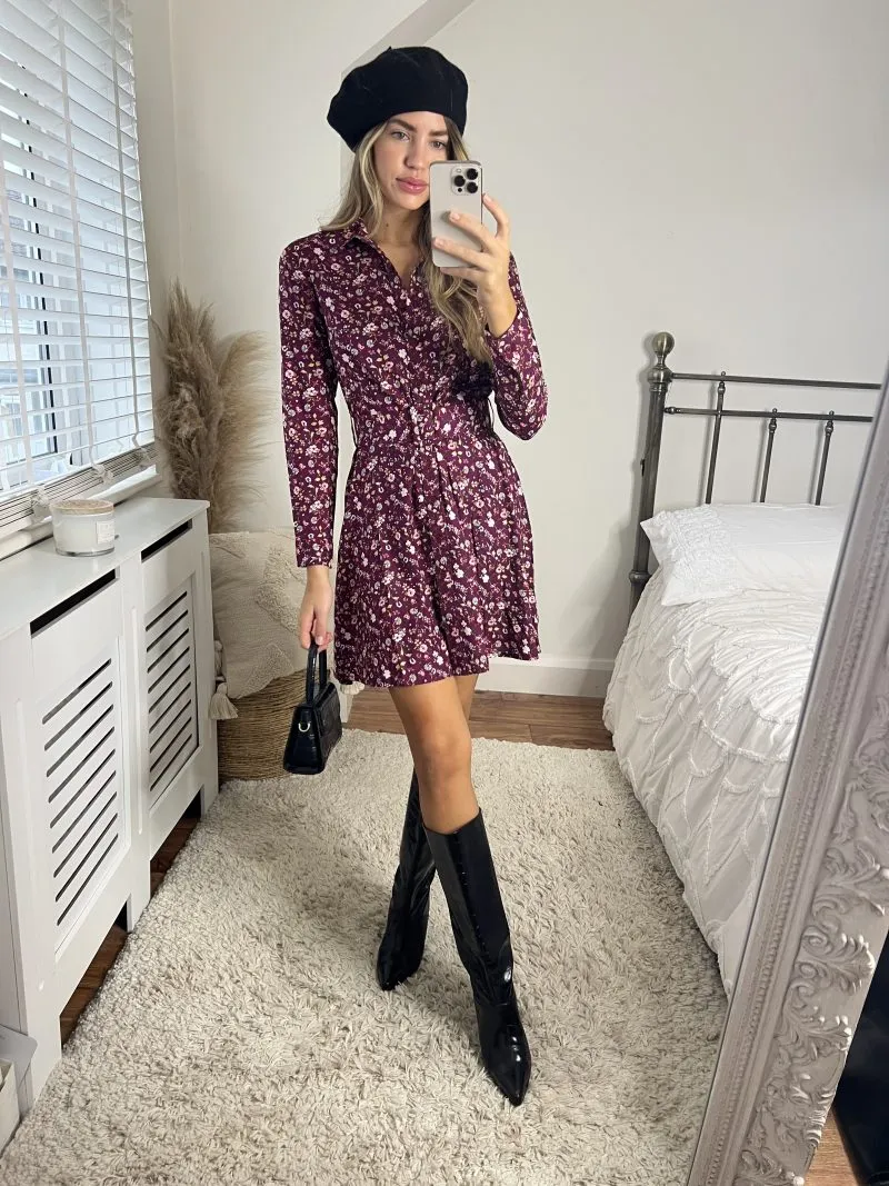 Slaytwins Cassie Ditsy Floral Mini Shirt Dress - Wine