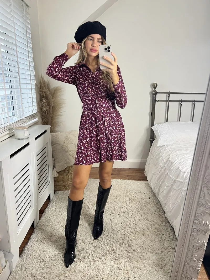 Slaytwins Cassie Ditsy Floral Mini Shirt Dress - Wine