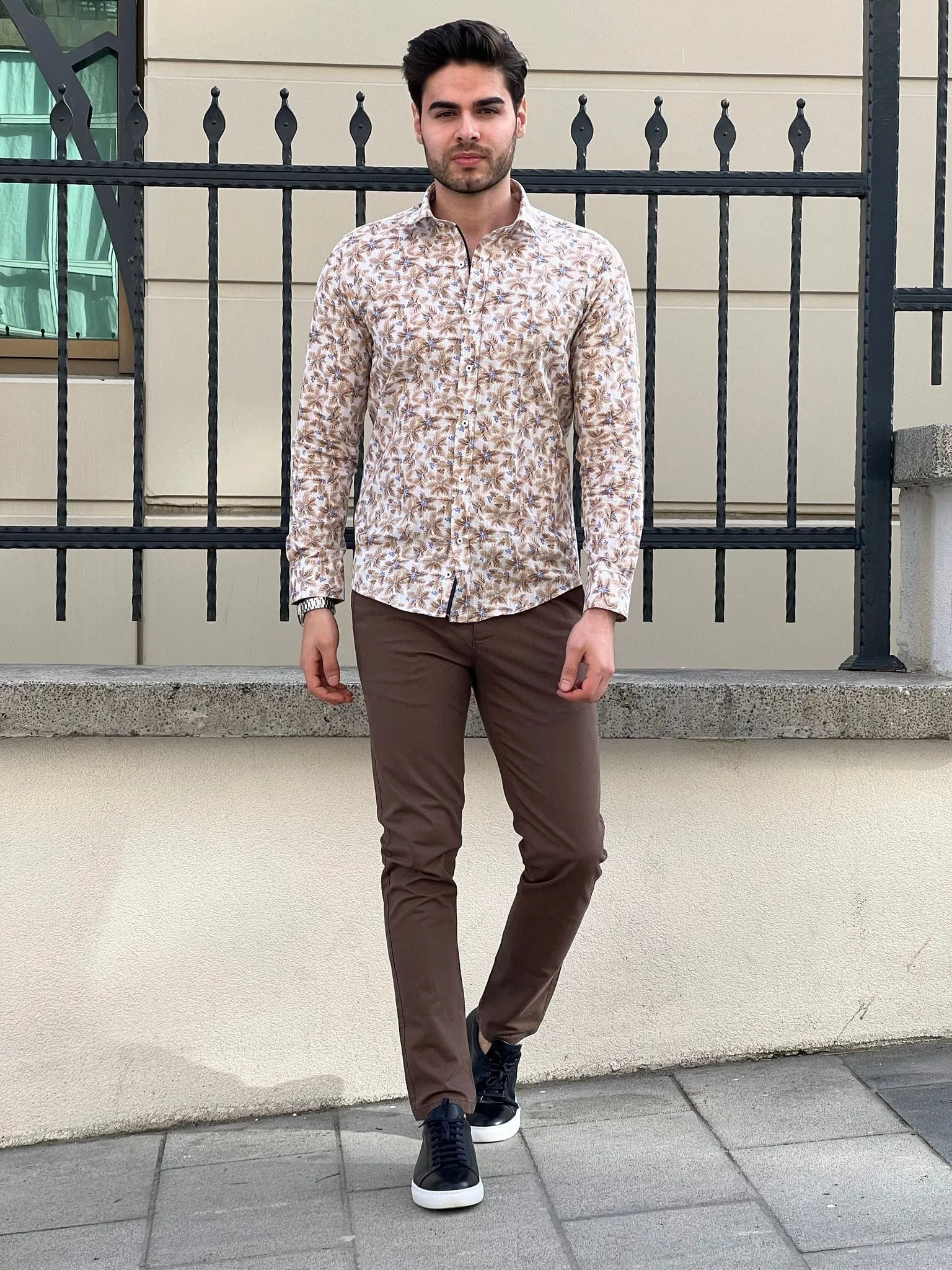 Slim Fit Patterned Cotton Beige Shirt