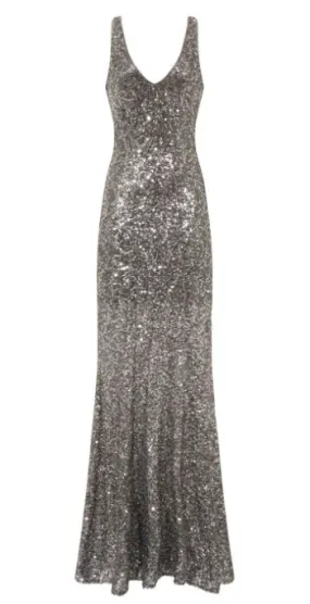 V Sequin Silver Gown