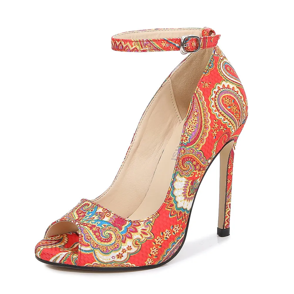 Women's Peep Toe Embroidery Flora Shallow Stiletto Heel Pumps